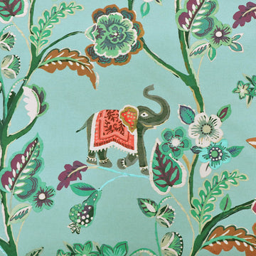 100% Cotton Duck Egg Blue Panama Fabric - Elephant Tropical Print on a duck egg blue background.