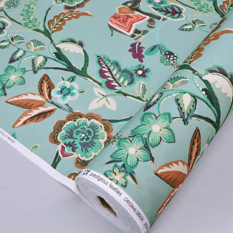 100% Cotton Duck Egg Blue Panama Fabric - Elephant Tropical Print on a duck egg blue background.