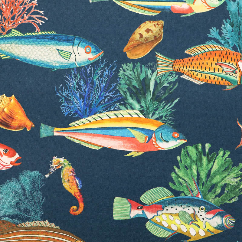 100% CottonPetrol Blue Furnishing Fabric - Fish Print