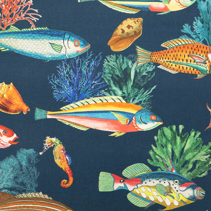 100% CottonPetrol Blue Furnishing Fabric - Fish Print