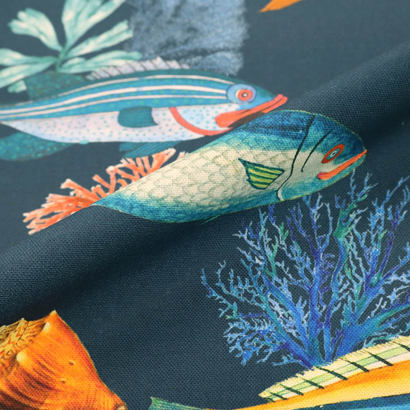 100% CottonPetrol Blue Furnishing Fabric - Fish Print