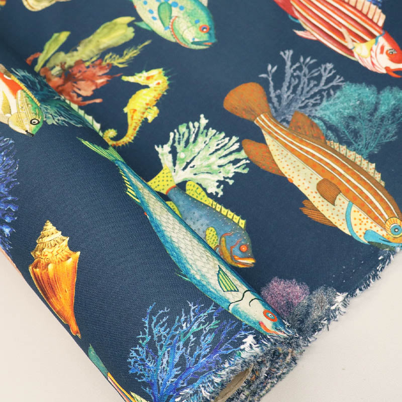 100% CottonPetrol Blue Furnishing Fabric - Fish Print