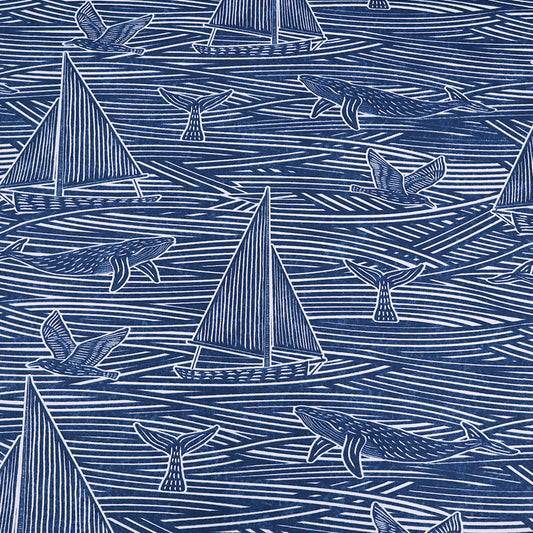 100% cotton Navy Blue Nautical Furnishing Fabric Sailing Boats and Whales