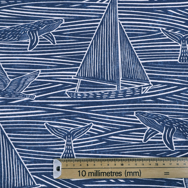 00% cotton Navy Blue Nautical Furnishing Fabric Sailing Boats and Whales