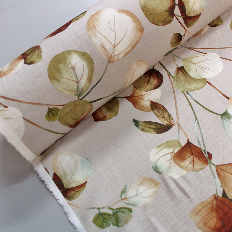 55% Linen 45% Viscose   Taupe Furnishing Linen Viscose Fabric - Leaf Print