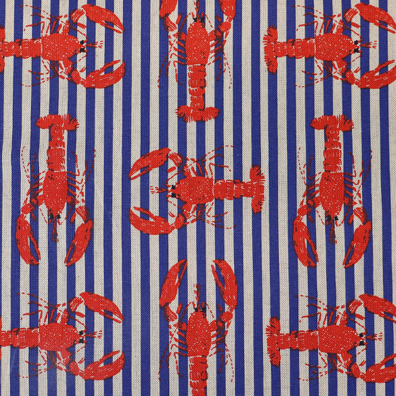 75% Cotton 25% Polyester Furnishing Panama Fabric - Red Lobster on Blue and White Stripe