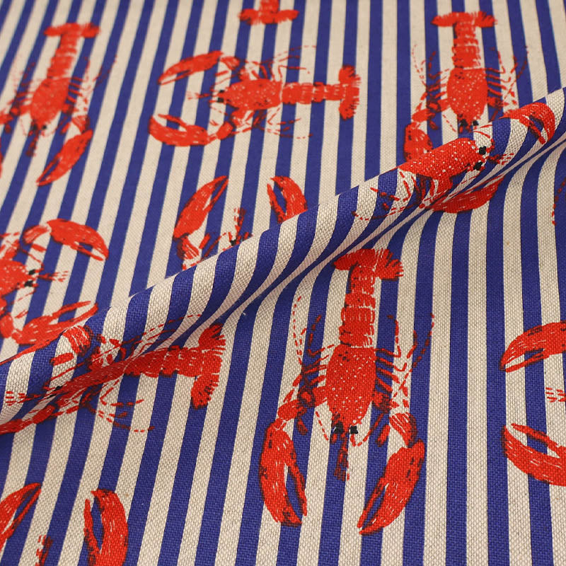 75% Cotton 25% Polyester Furnishing Panama Fabric - Red Lobster on Blue and White Stripe