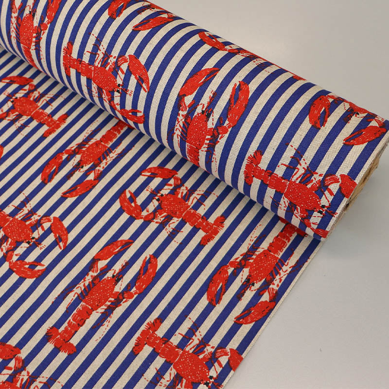 75% Cotton 25% Polyester Furnishing Panama Fabric - Red Lobster on Blue and White Stripe