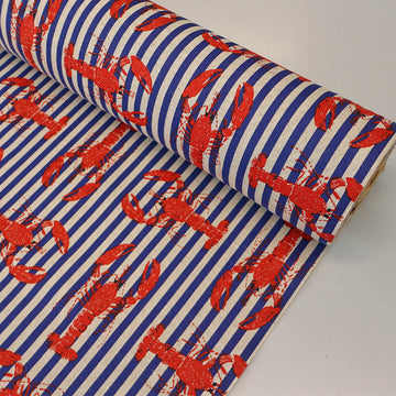 75% Cotton 25% Polyester Furnishing Panama Fabric - Red Lobster on Blue and White Stripe