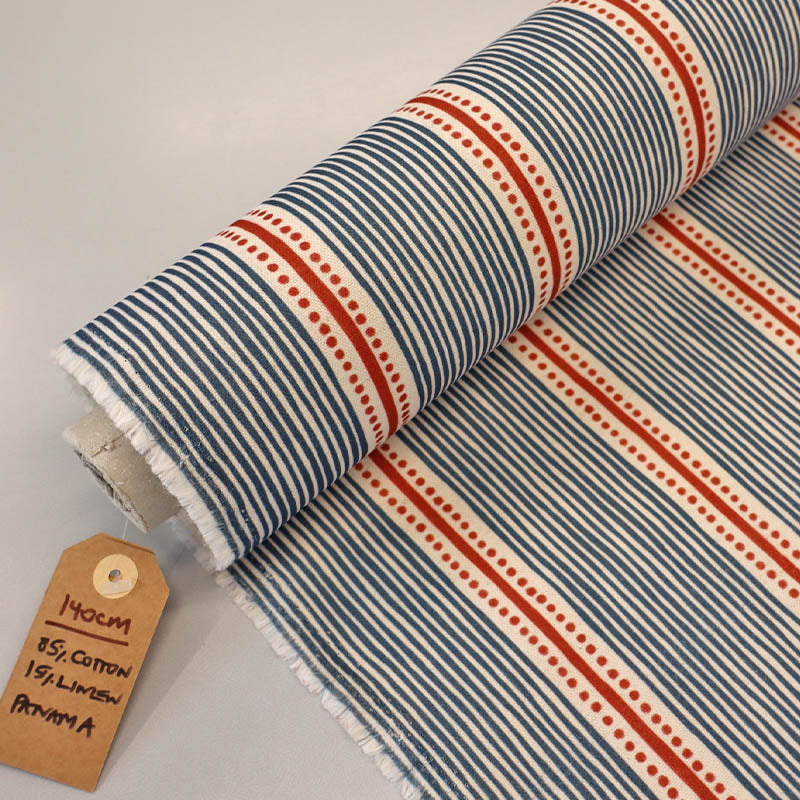 85% Cotton 15% Linen Brushed Panama Fabric - Navy Blue and White Stripe with Red Stripe bordered by red dots