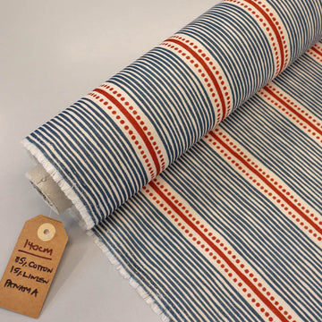 85% Cotton 15% Linen Brushed Panama Fabric - Navy Blue and White Stripe with Red Stripe bordered by red dots