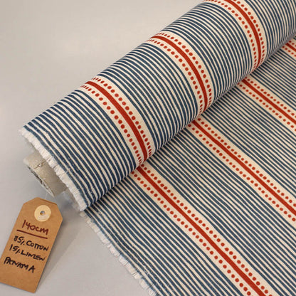 Furnishing Brushed Panama - Stripes and Dots - Blue and Red