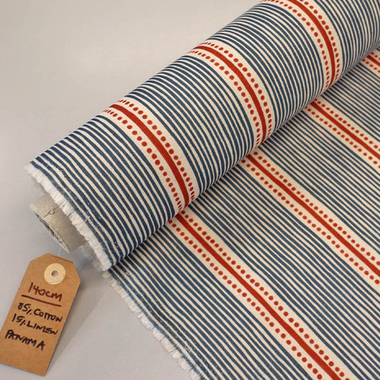 Furnishing Brushed Panama - Stripes and Dots - Blue and Red