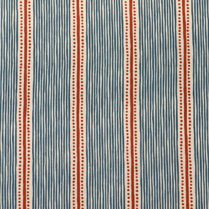 85% Cotton 15% Linen Brushed Panama Fabric - Navy Blue and White Stripe with Red Stripe bordered by red dots