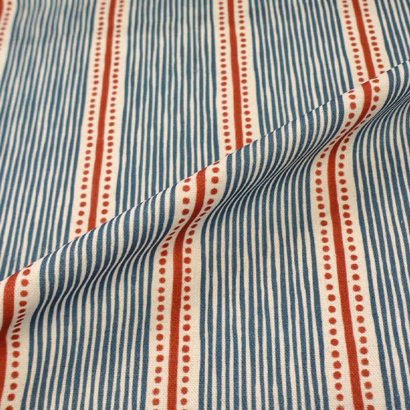85% Cotton 15% Linen Brushed Panama Fabric - Navy Blue and White Stripe with Red Stripe bordered by red dots