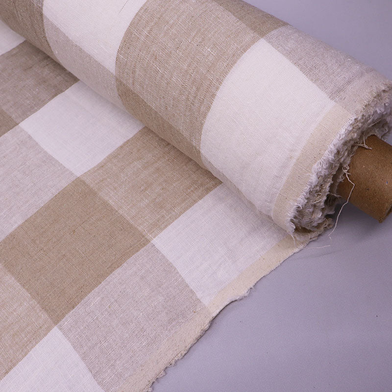 100% Linen Linen Check Furnishing Fabric - Beige and Cream