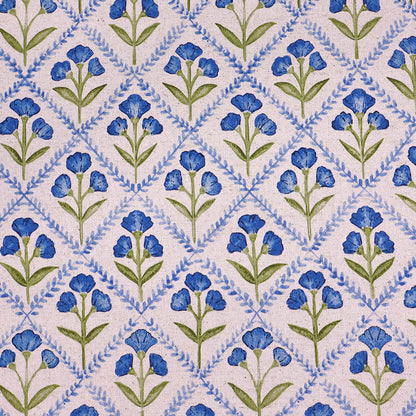 90% BCI Cotton 10% Linen Linen Look Furnishing Fabric - Blue Cornflower Print on a Cream Background