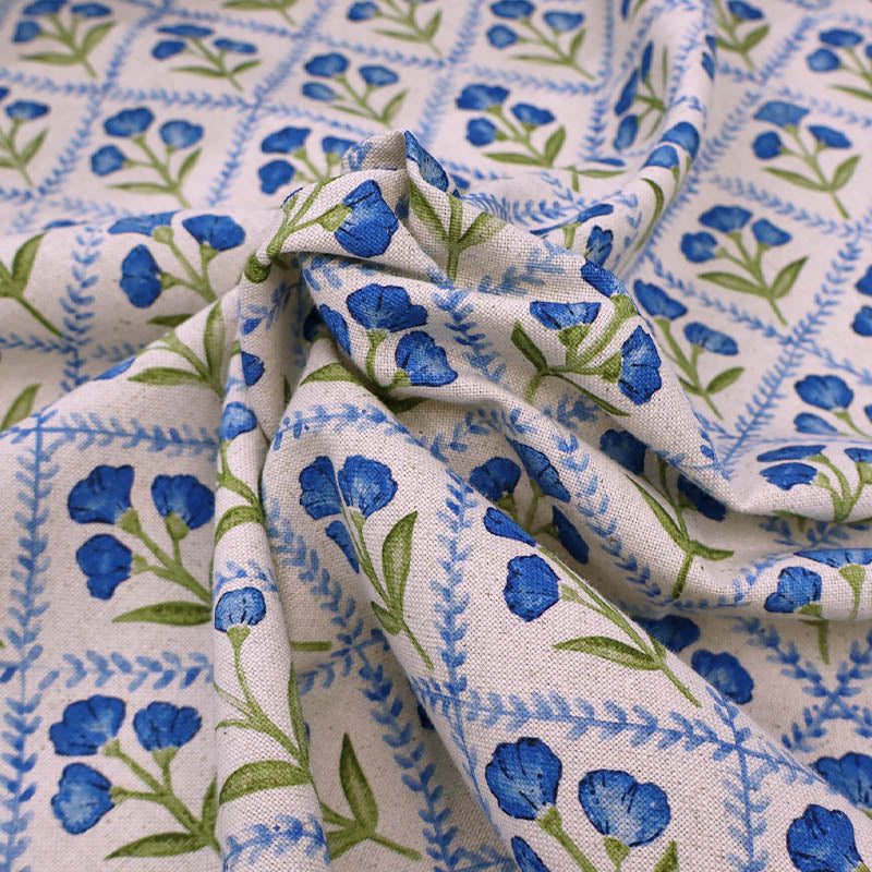 90% BCI Cotton 10% Linen Linen Look Furnishing Fabric - Blue Cornflower Print on a Cream Background