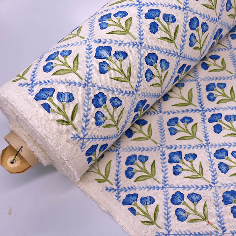 90% BCI Cotton 10% Linen Linen Look Furnishing Fabric - Blue Cornflower Print on a Cream Background