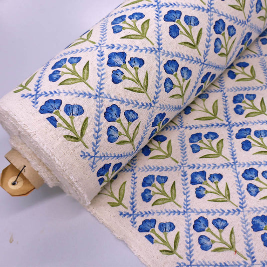 90% BCI Cotton 10% Linen Linen Look Furnishing Fabric - Blue Cornflower Print on a Cream Background