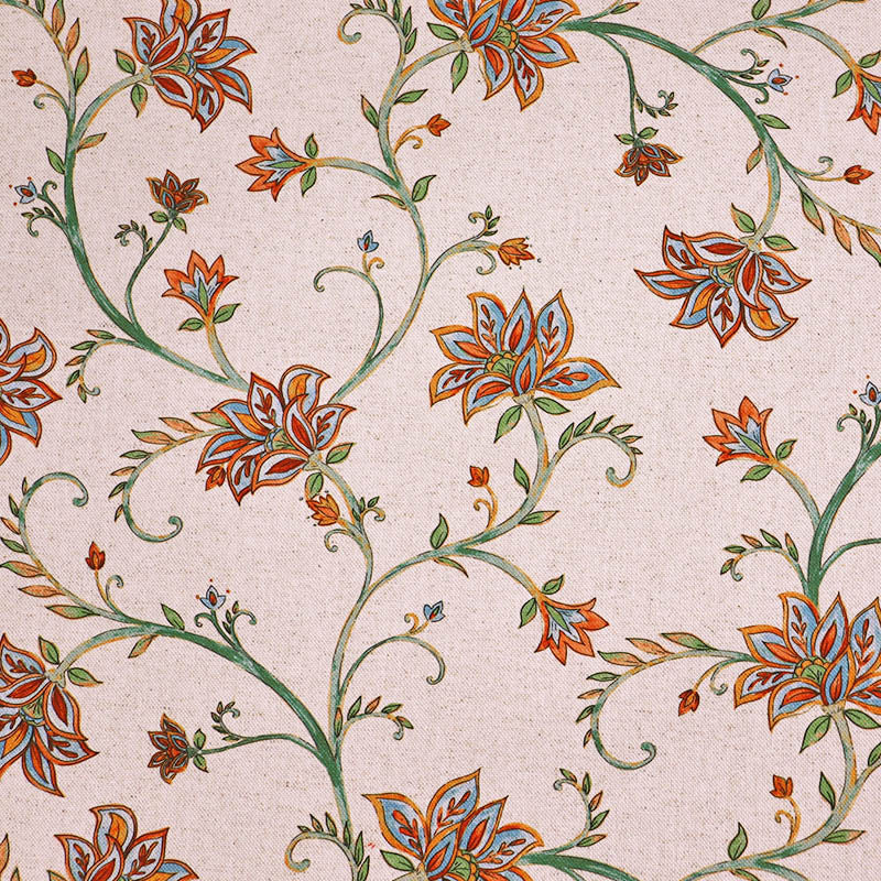90% Cotton 10% Linen Linen Look Furnishing Fabric - Orange and Blue Floral on Cream Background