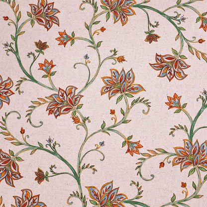 90% Cotton 10% Linen Linen Look Furnishing Fabric - Orange and Blue Floral on Cream Background