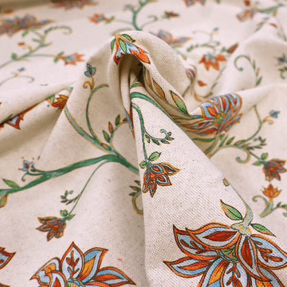 90% Cotton 10% Linen Linen Look Furnishing Fabric - Orange and Blue Floral on Cream Background