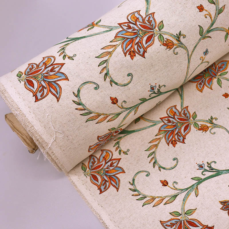 90% Cotton 10% Linen Linen Look Furnishing Fabric - Orange and Blue Floral on Cream Background