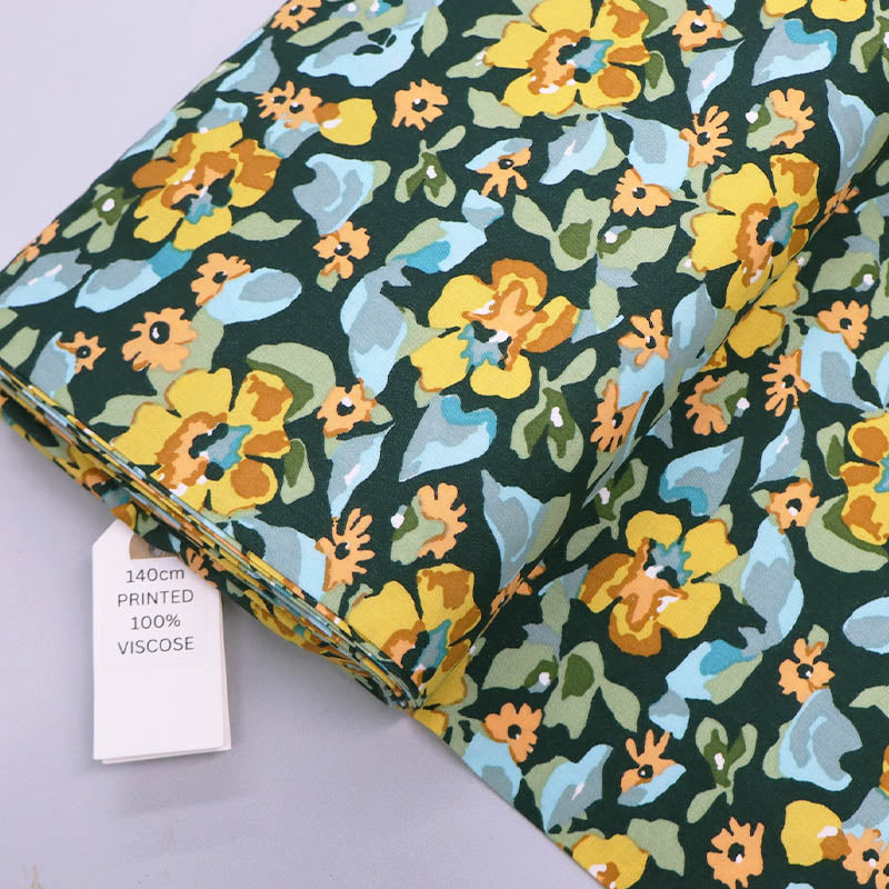 100% Viscose Great Value Green and Yellow Floral Viscose Fabric