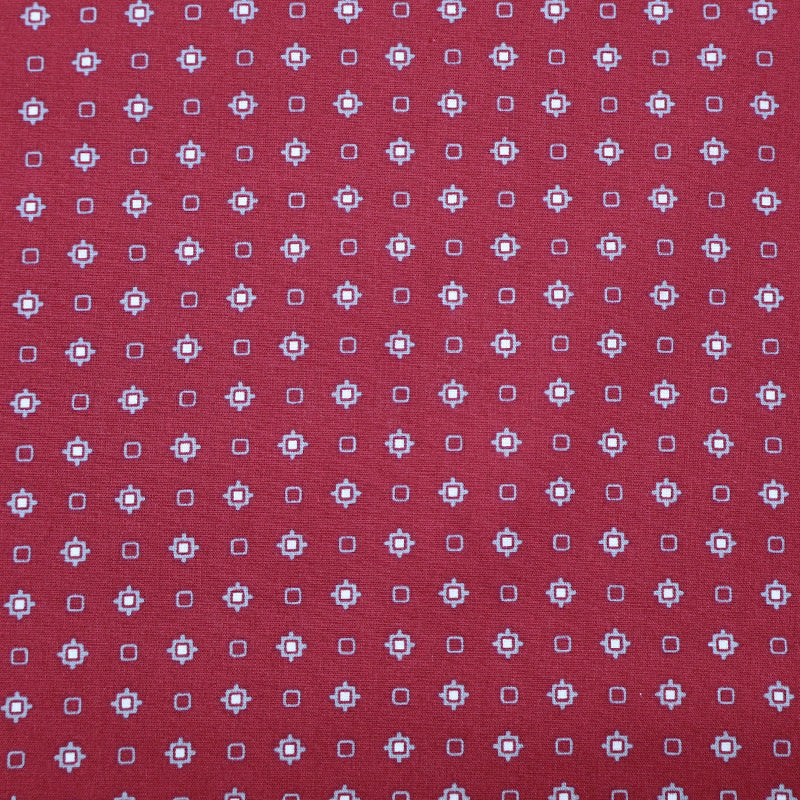 00% Cotton Red Printed Cotton Fabric with a grey and white geometric print