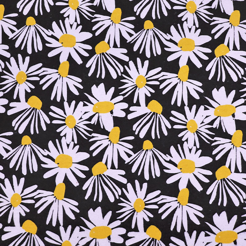 100% Cotton Black Floral white daisy print Brushed Cotton Fabric