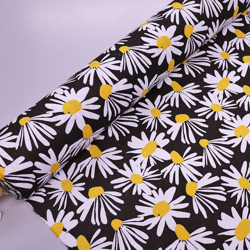 100% Cotton Black Floral white daisy print Brushed Cotton Fabric