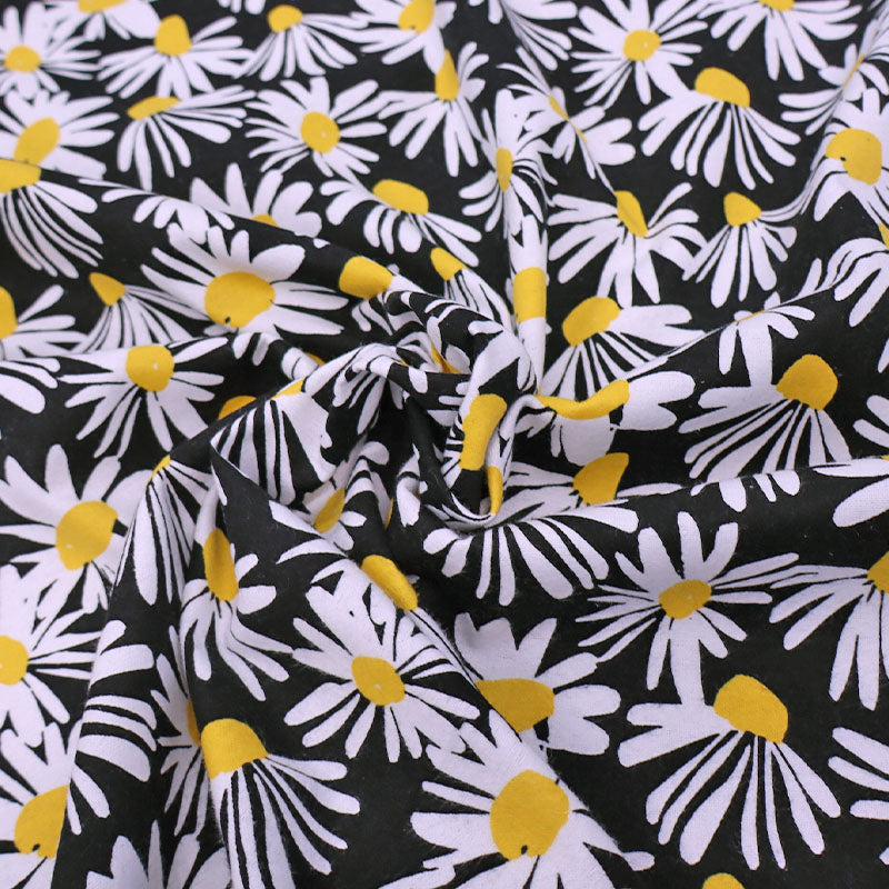 100% Cotton Black Floral white daisy print Brushed Cotton Fabric