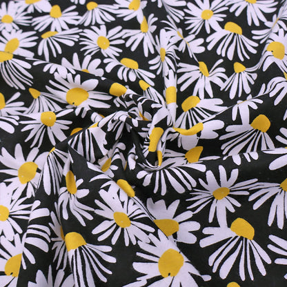 100% Cotton Black Floral white daisy print Brushed Cotton Fabric