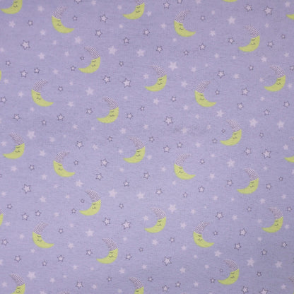 100% Cotton Pale Grey Brushed Cotton Fabric with yellow crescent moons dressed in night caps and with small white stars on a very pale grey background.