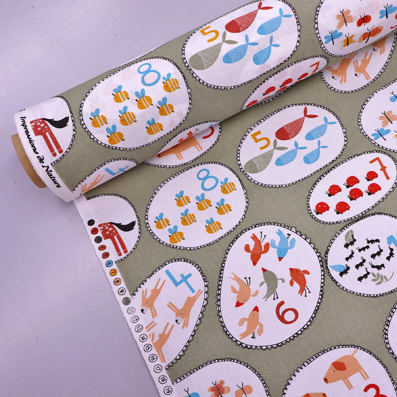 100% Cotton Children's Cotton Fabric - Green Numbers and animals