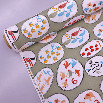 100% Cotton Children's Cotton Fabric - Green Numbers and animals