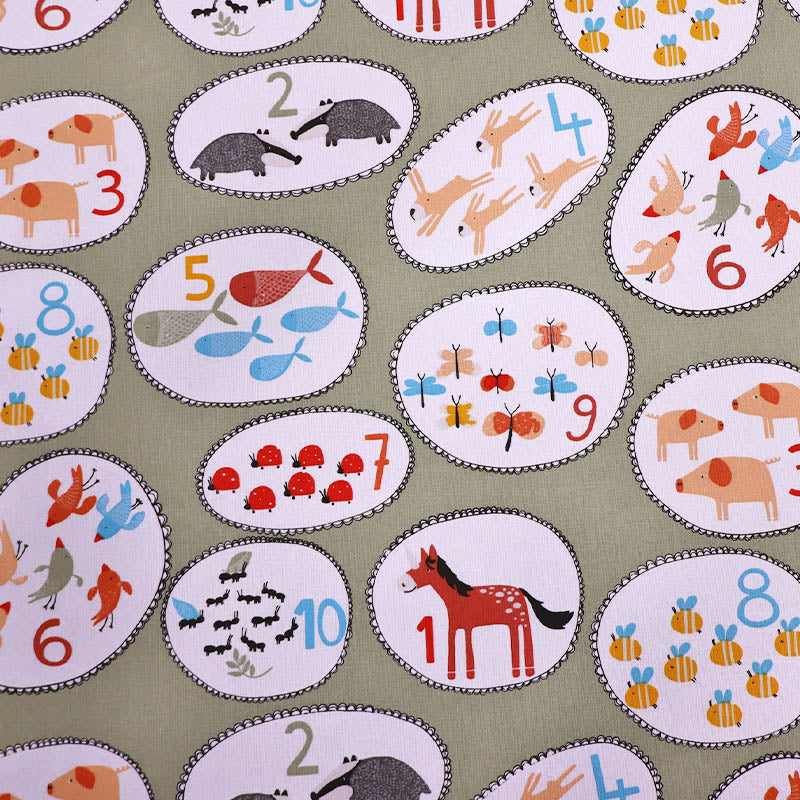 100% Cotton Children's Cotton Fabric - Green Numbers and animals