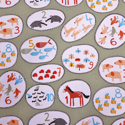100% Cotton Children's Cotton Fabric - Green Numbers and animals