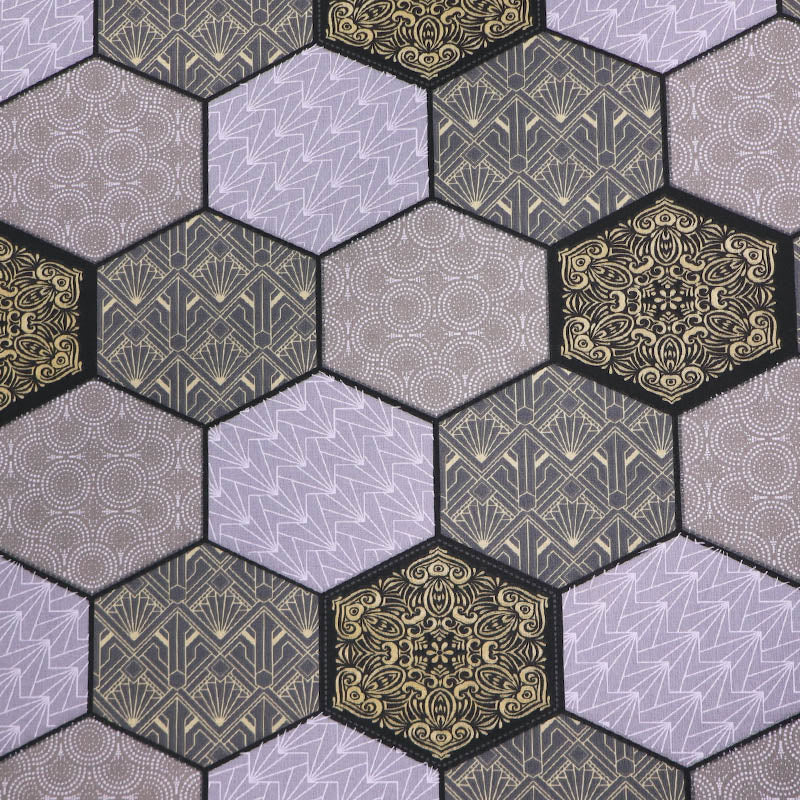 100% Cotton Great Value  Fabric  featuring a grey and cream hexagon print in which 4 different geometric designs are outlined in black.
