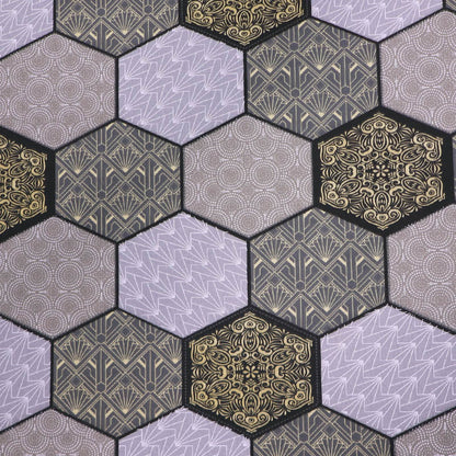 100% Cotton Great Value  Fabric  featuring a grey and cream hexagon print in which 4 different geometric designs are outlined in black.
