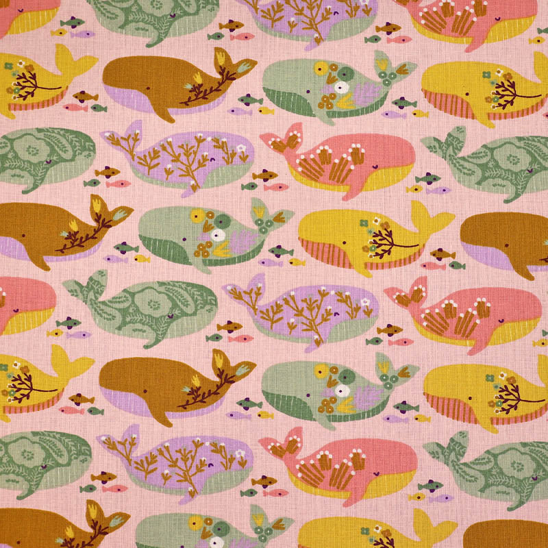 100% Organic Cotton Pale Pink Multicolour Whale Print Cotton Fabric