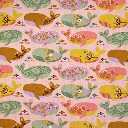 100% Organic Cotton Pale Pink Multicolour Whale Print Cotton Fabric