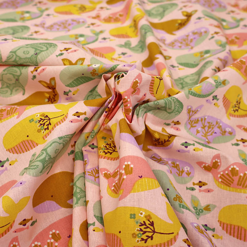 100% Organic Cotton Pale Pink Multicolour Whale Print Cotton Fabric