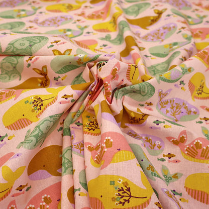 100% Organic Cotton Pale Pink Multicolour Whale Print Cotton Fabric