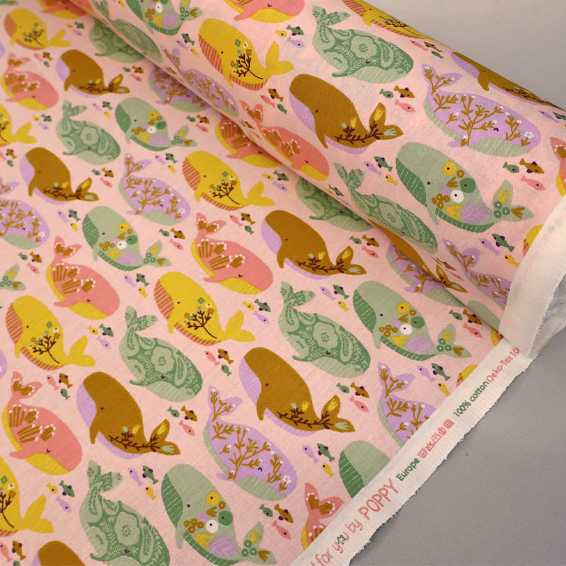 100% Organic Cotton Pale Pink Multicolour Whale Print Cotton Fabric