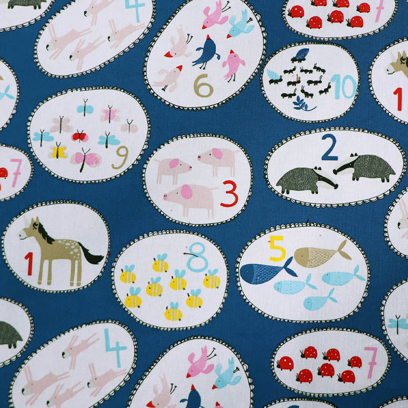 100% Cotton Great Value Children's Blue Cotton Fabric Numbers and Animal Print