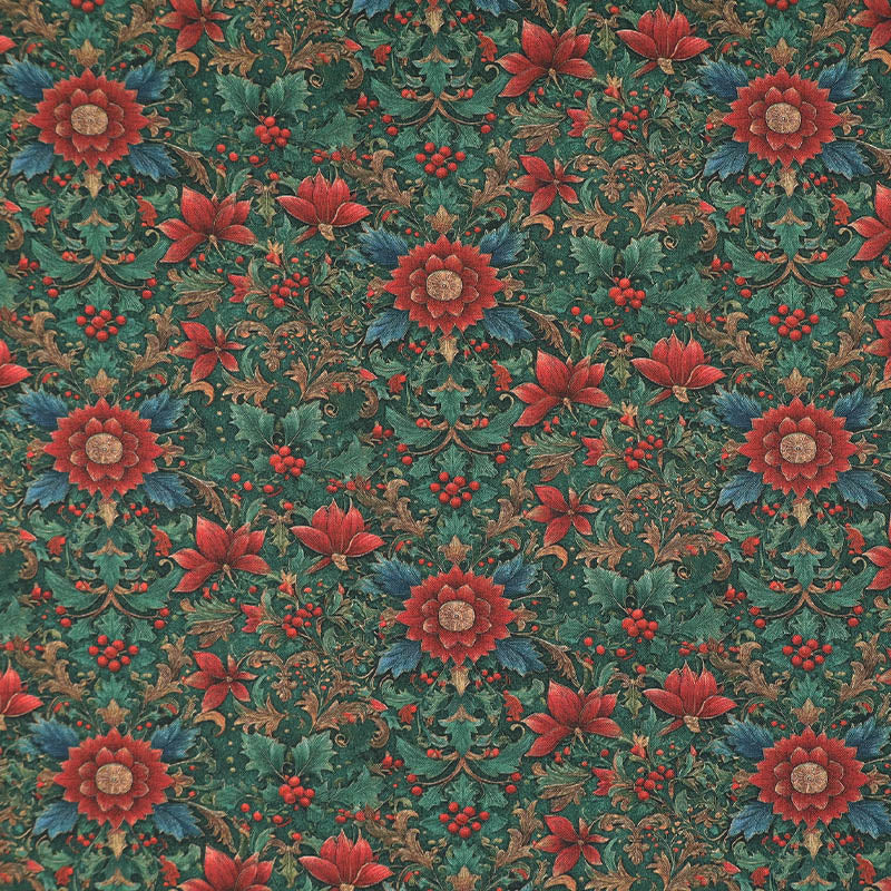 100% Cotton Green Metallic Christmas Fabric featuring a traditional winter botanical and floral print in red with teal green leaves on a dark green background.