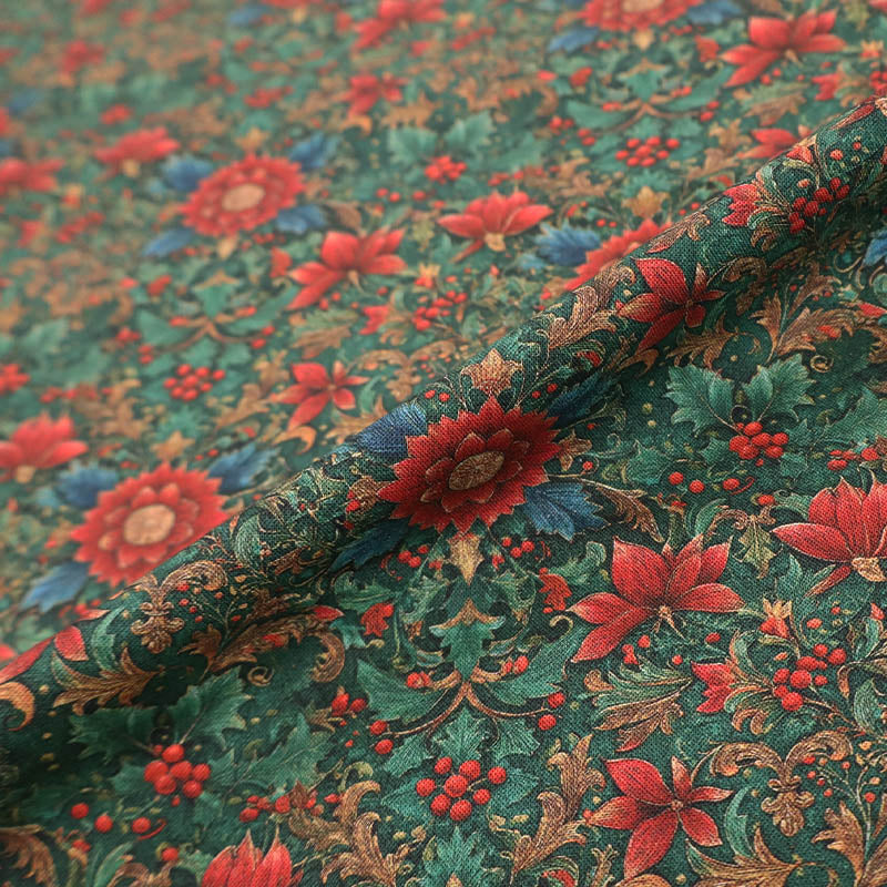 100% Cotton Green Metallic Christmas Fabric featuring a traditional winter botanical and floral print in red with teal green leaves on a dark green background.