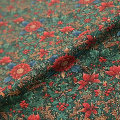 100% Cotton Green Metallic Christmas Fabric featuring a traditional winter botanical and floral print in red with teal green leaves on a dark green background.